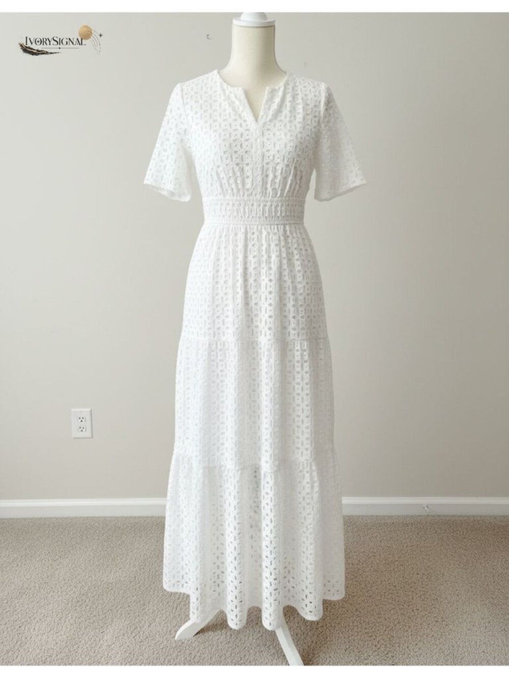 V Neck Eyelet A Line Maxi Dress Short Sleeve Flowy Summer Casual